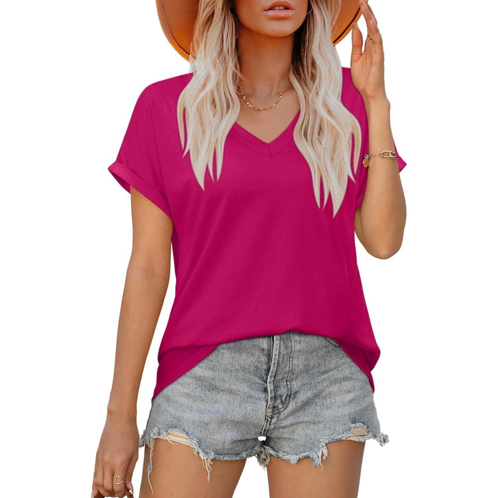 imageXIEERDUO Womens Summer Tops Short Sleeve Shirts Casual V Neck T Shirt Loose Fit ComfyDeep Pink