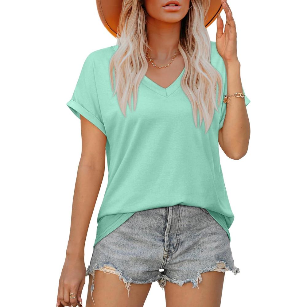 imageXIEERDUO Womens Summer Tops Short Sleeve Shirts Casual V Neck T Shirt Loose Fit ComfyDlake Green
