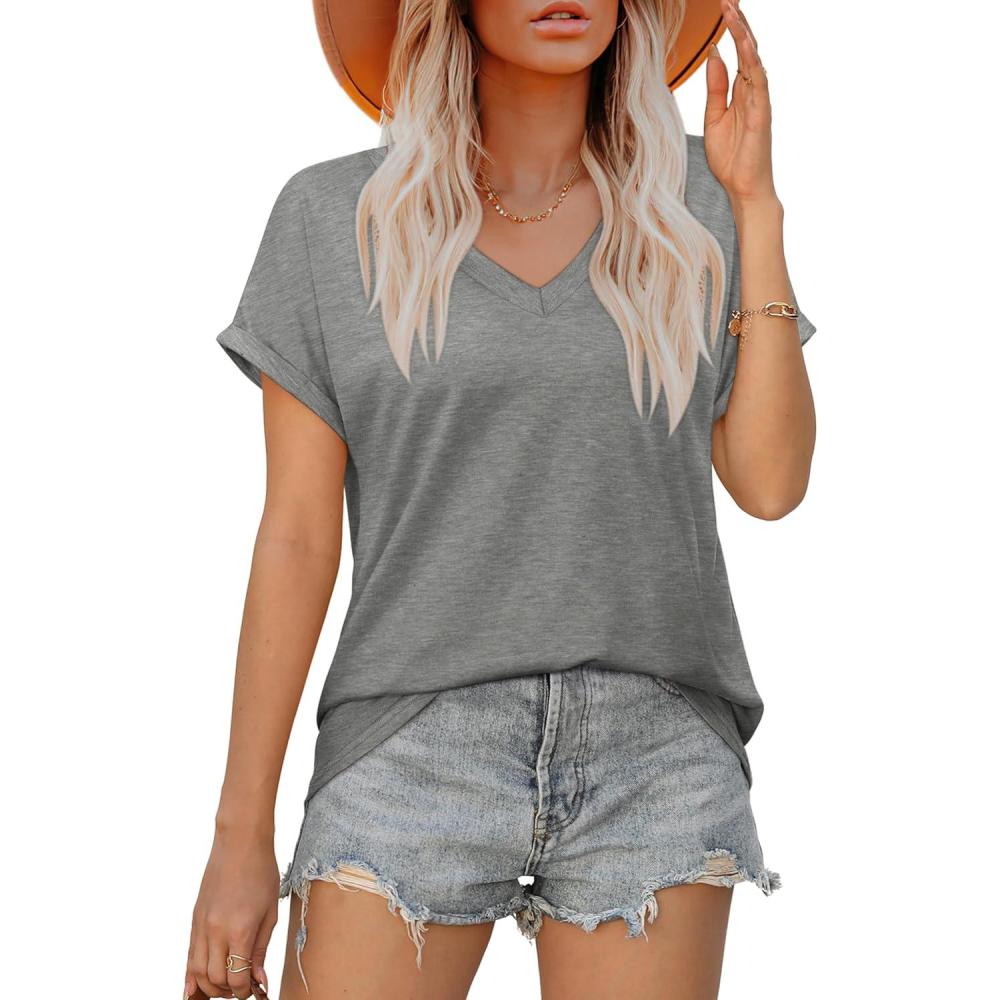 imageXIEERDUO Womens Summer Tops Short Sleeve Shirts Casual V Neck T Shirt Loose Fit ComfyGray