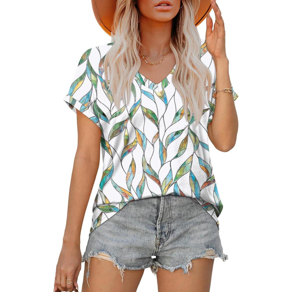 imageXIEERDUO Womens Summer Tops Short Sleeve Shirts Casual V Neck T Shirt Loose Fit ComfyHgreen Floral