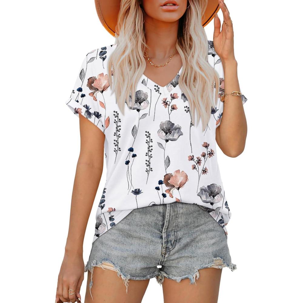imageXIEERDUO Womens Summer Tops Short Sleeve Shirts Casual V Neck T Shirt Loose Fit ComfyInk Floral