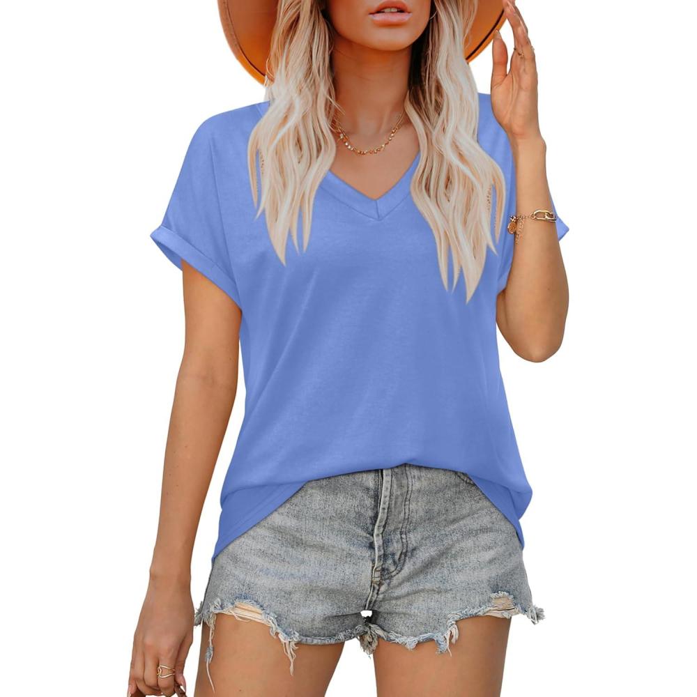 imageXIEERDUO Womens Summer Tops Short Sleeve Shirts Casual V Neck T Shirt Loose Fit ComfyLight Blue