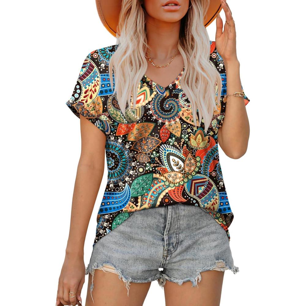imageXIEERDUO Womens Summer Tops Short Sleeve Shirts Casual V Neck T Shirt Loose Fit ComfyMulticolor Printing