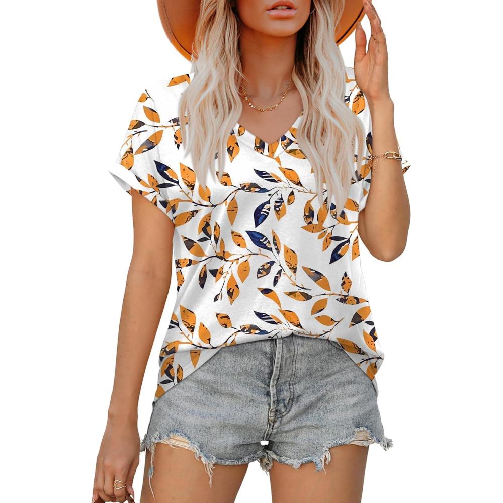 imageXIEERDUO Womens Summer Tops Short Sleeve Shirts Casual V Neck T Shirt Loose Fit ComfyOrange Floral