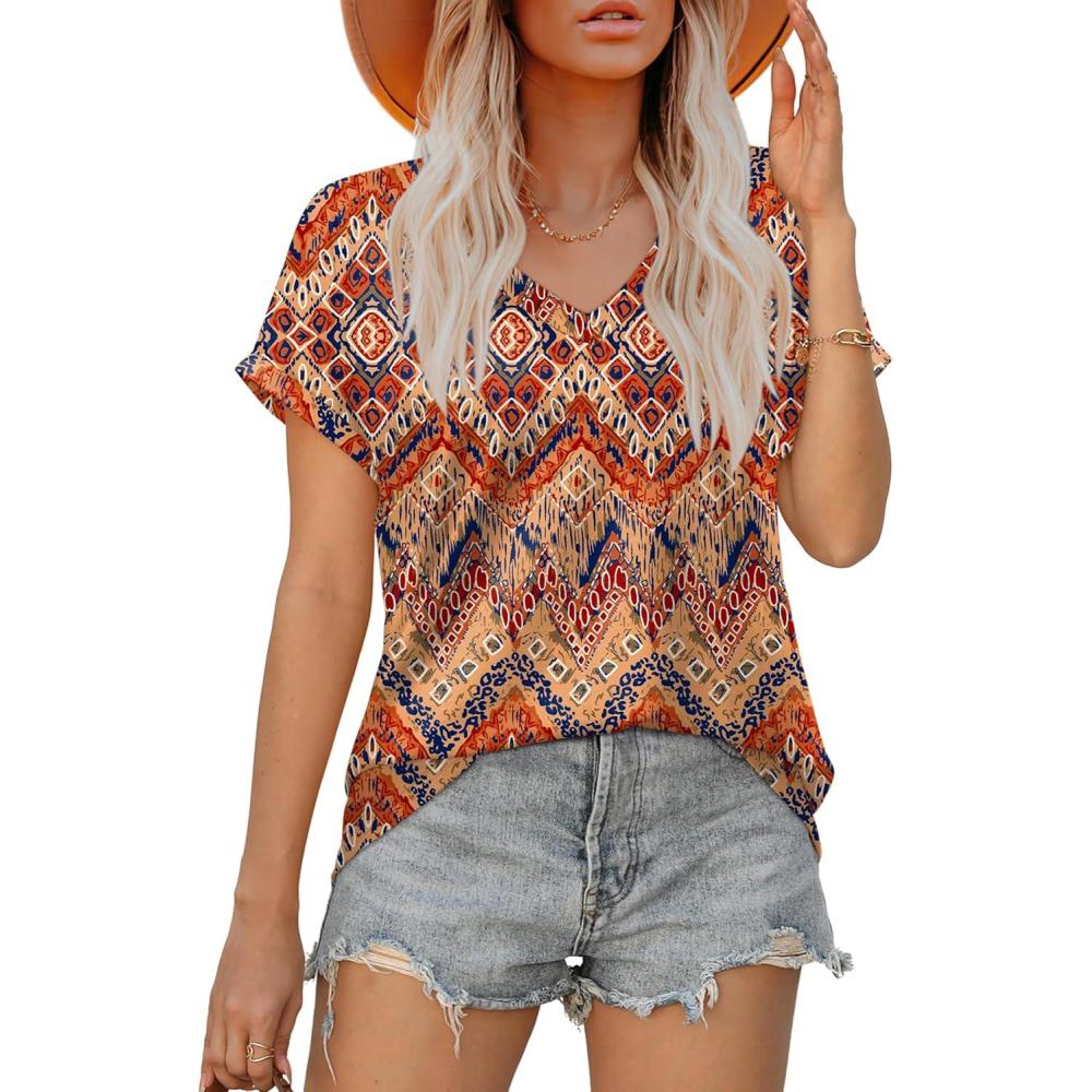 imageXIEERDUO Womens Summer Tops Short Sleeve Shirts Casual V Neck T Shirt Loose Fit ComfyPatterned Boho