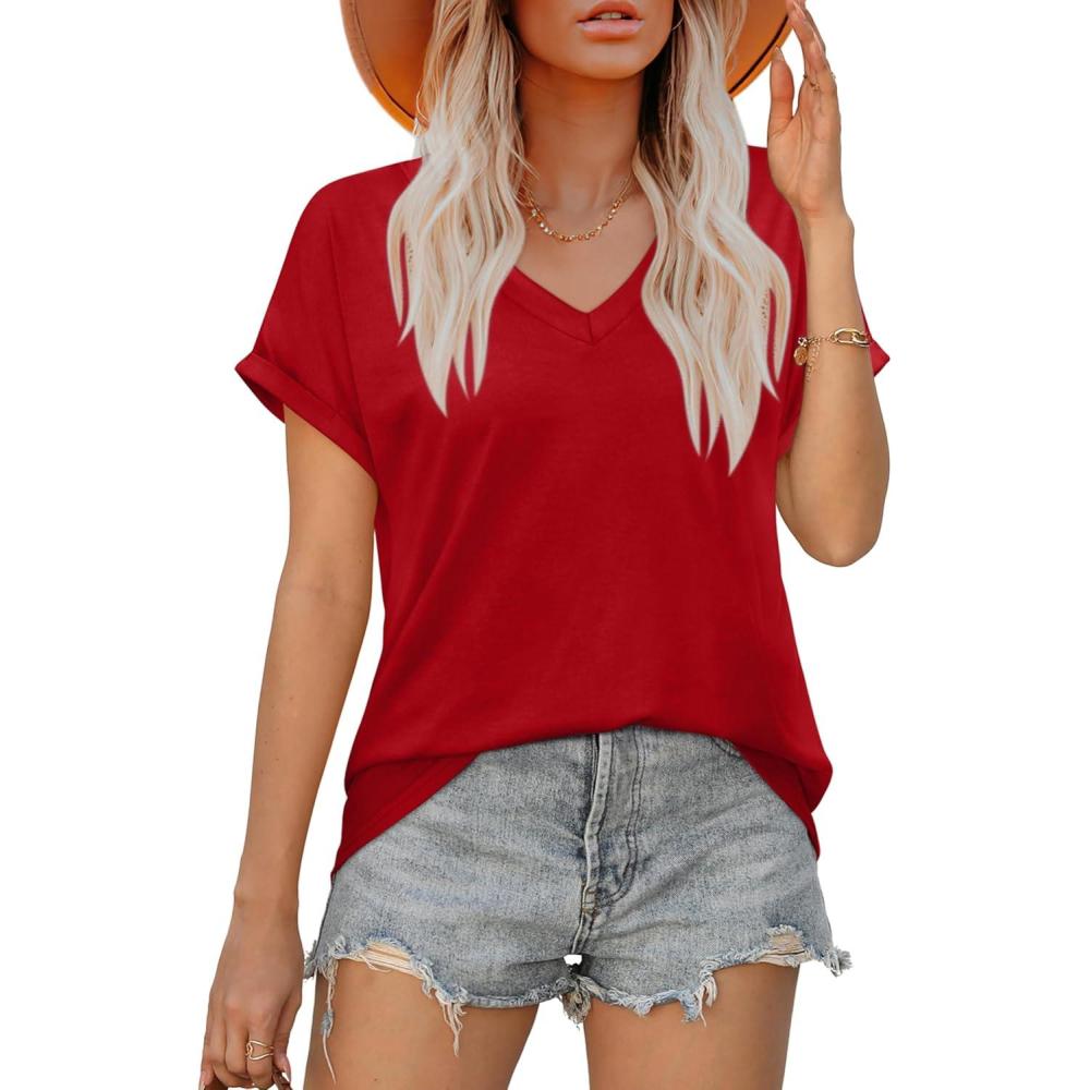 imageXIEERDUO Womens Summer Tops Short Sleeve Shirts Casual V Neck T Shirt Loose Fit ComfyRed