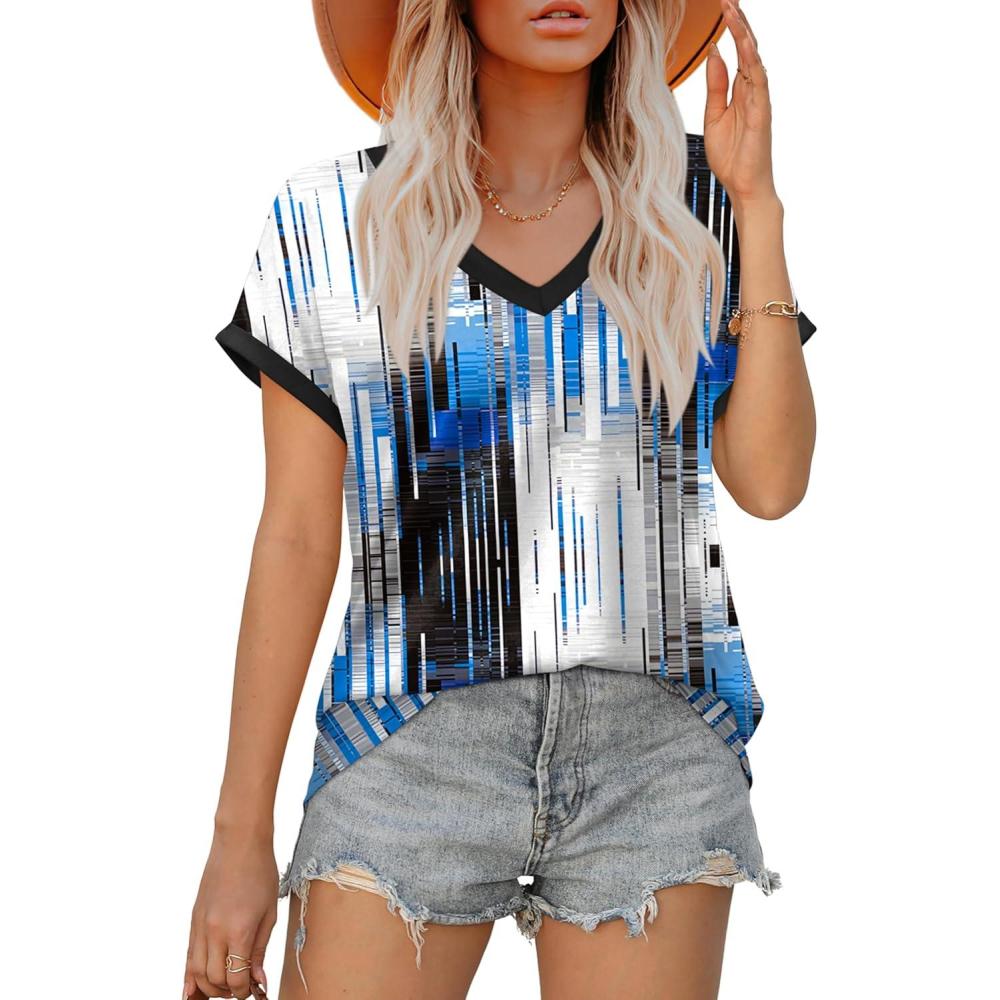 imageXIEERDUO Womens Summer Tops Short Sleeve Shirts Casual V Neck T Shirt Loose Fit ComfyTiedye Blue