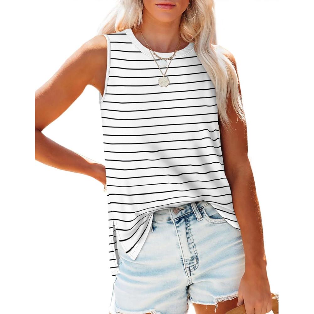imageXIEERDUO Womens Tank Tops Crewneck Loose Fit Basic Casual Summer Side Split Sleeveless ShirtsEawhite Stripe