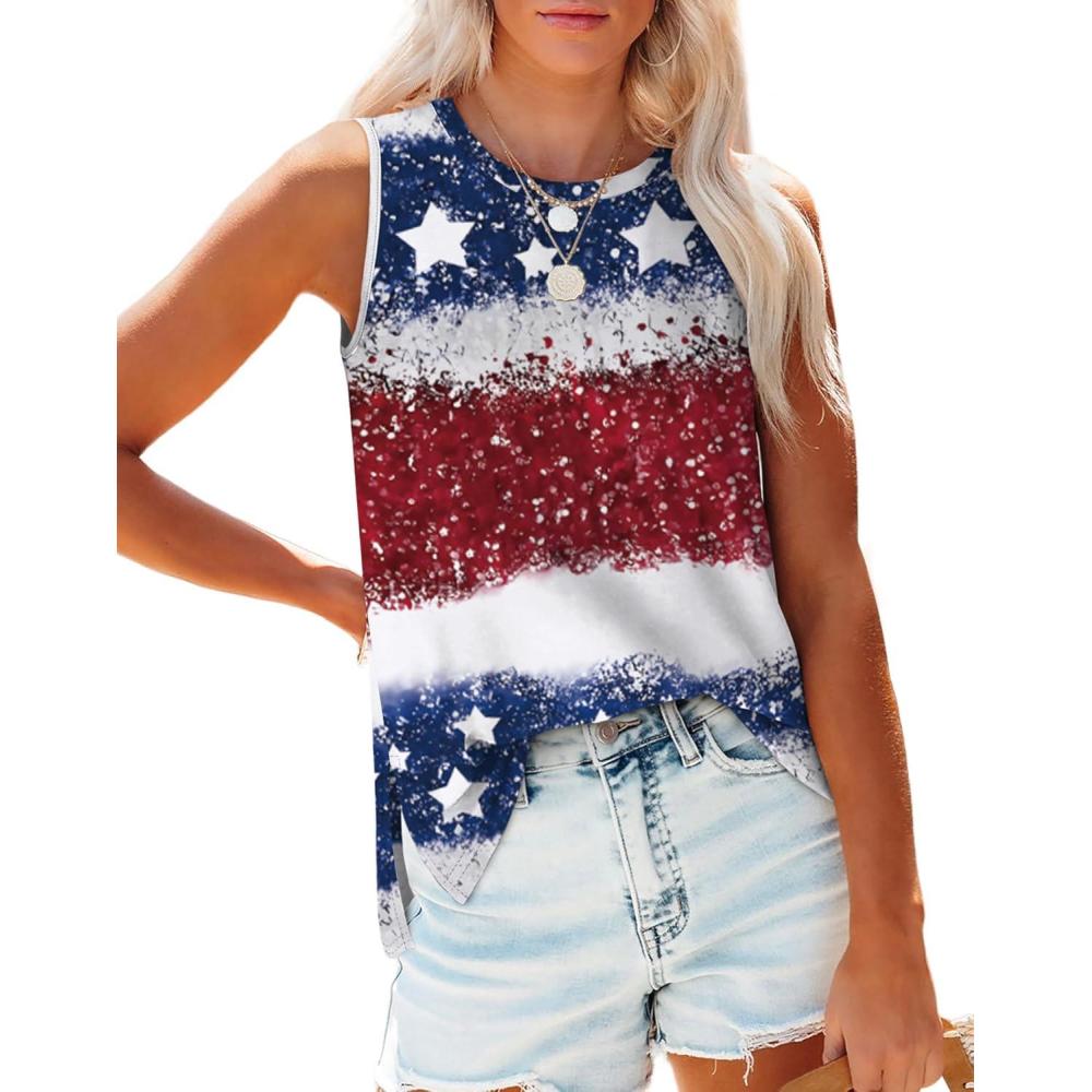 imageXIEERDUO Womens Tank Tops Crewneck Loose Fit Basic Casual Summer Side Split Sleeveless ShirtsEcstar Flag