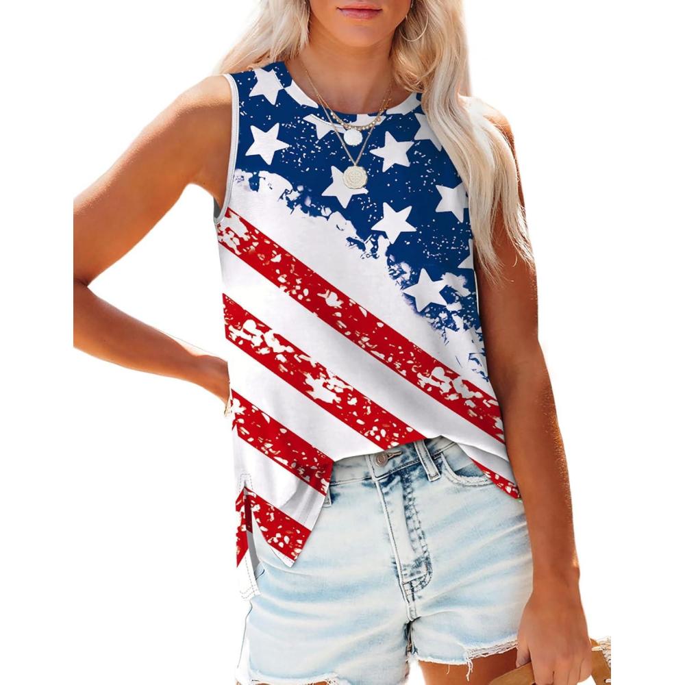 imageXIEERDUO Womens Tank Tops Crewneck Loose Fit Basic Casual Summer Side Split Sleeveless ShirtsEdwhite Flag