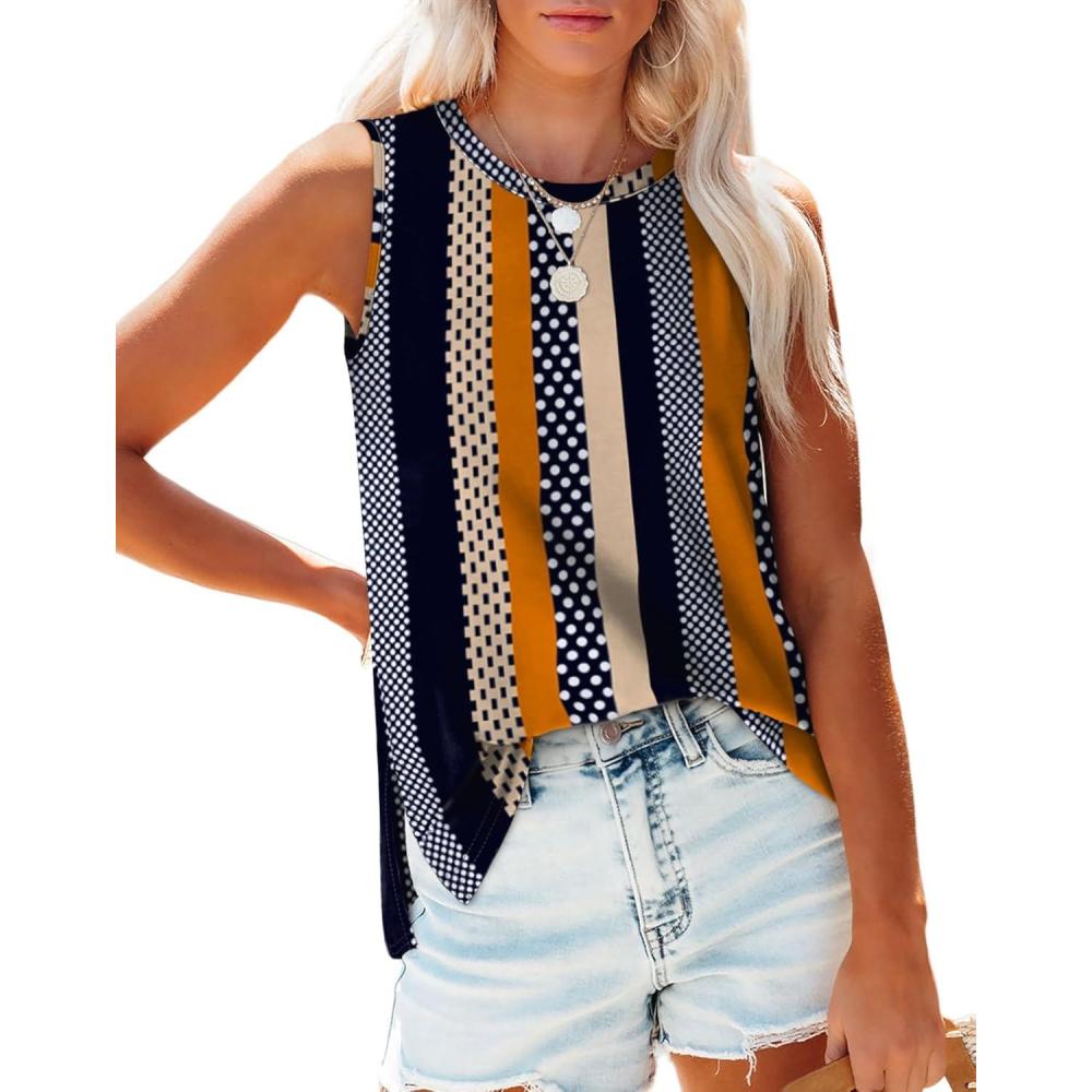 imageXIEERDUO Womens Tank Tops Crewneck Loose Fit Basic Casual Summer Side Split Sleeveless ShirtsEkhaki Stripe