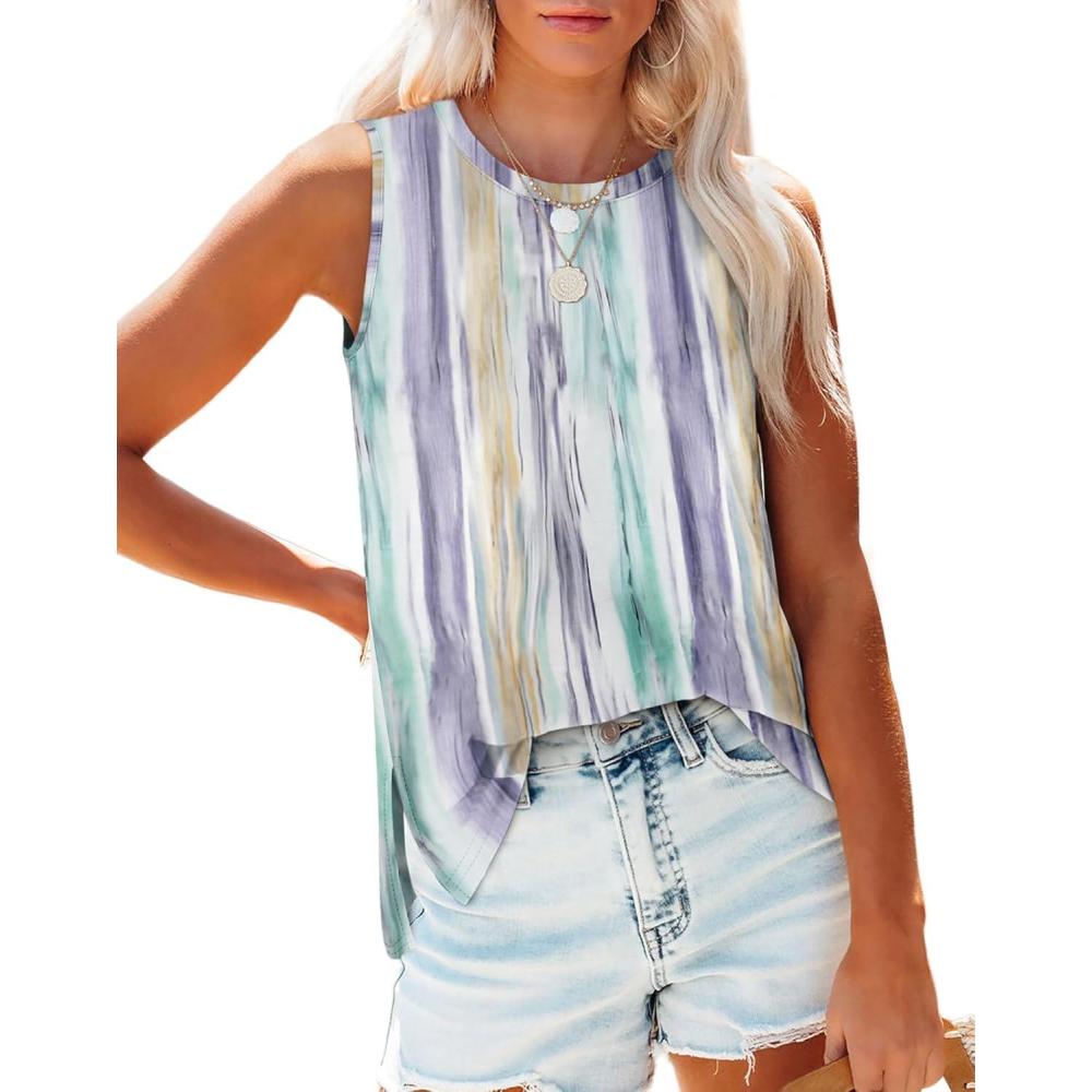 imageXIEERDUO Womens Tank Tops Crewneck Loose Fit Basic Casual Summer Side Split Sleeveless ShirtsHccolorful Stripe