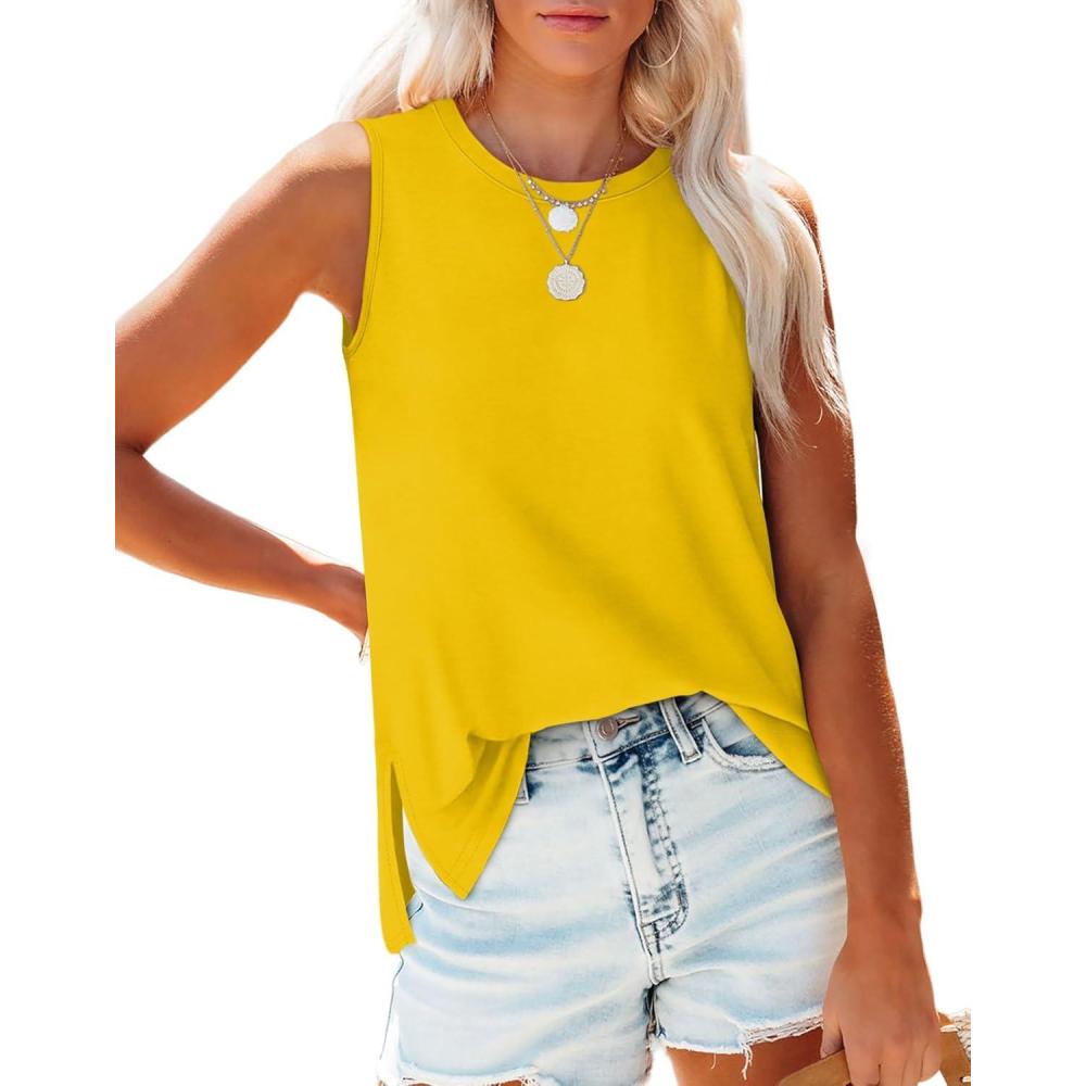 imageXIEERDUO Womens Tank Tops Crewneck Loose Fit Basic Casual Summer Side Split Sleeveless ShirtsNyellow