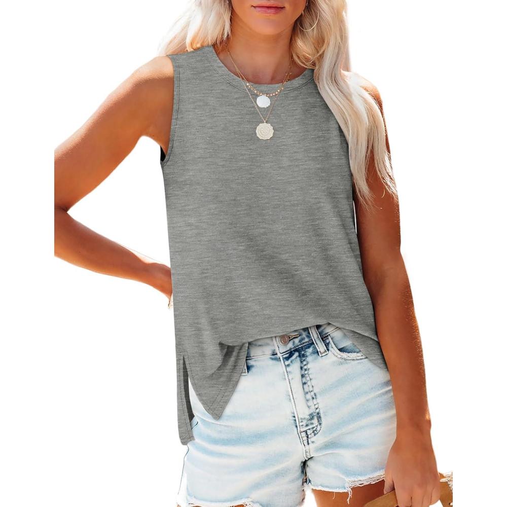 imageXIEERDUO Womens Tank Tops Crewneck Loose Fit Basic Casual Summer Side Split Sleeveless ShirtsQgrey