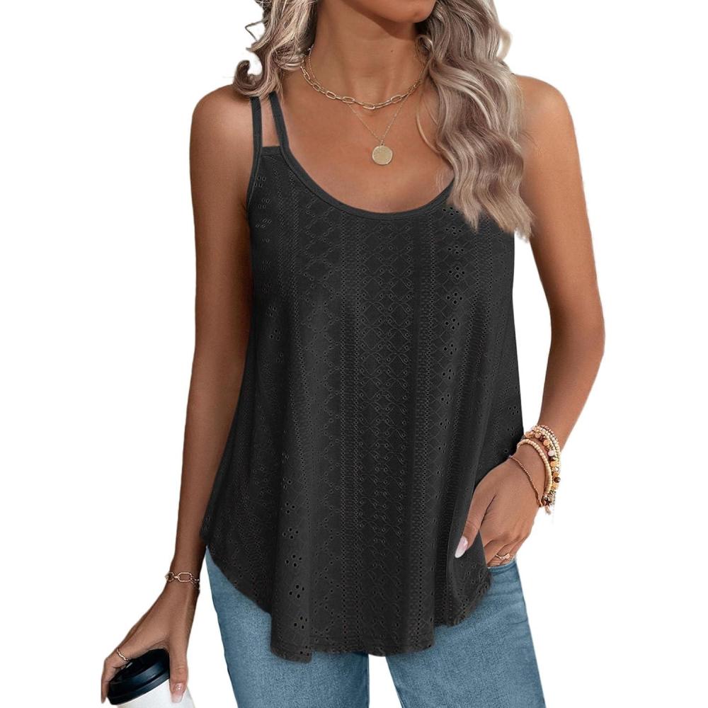 imageXIEERDUO Womens Tank Tops Spaghetti Strap Camisoles Eyelet Embroidery Scoop Neck TopsAll Black