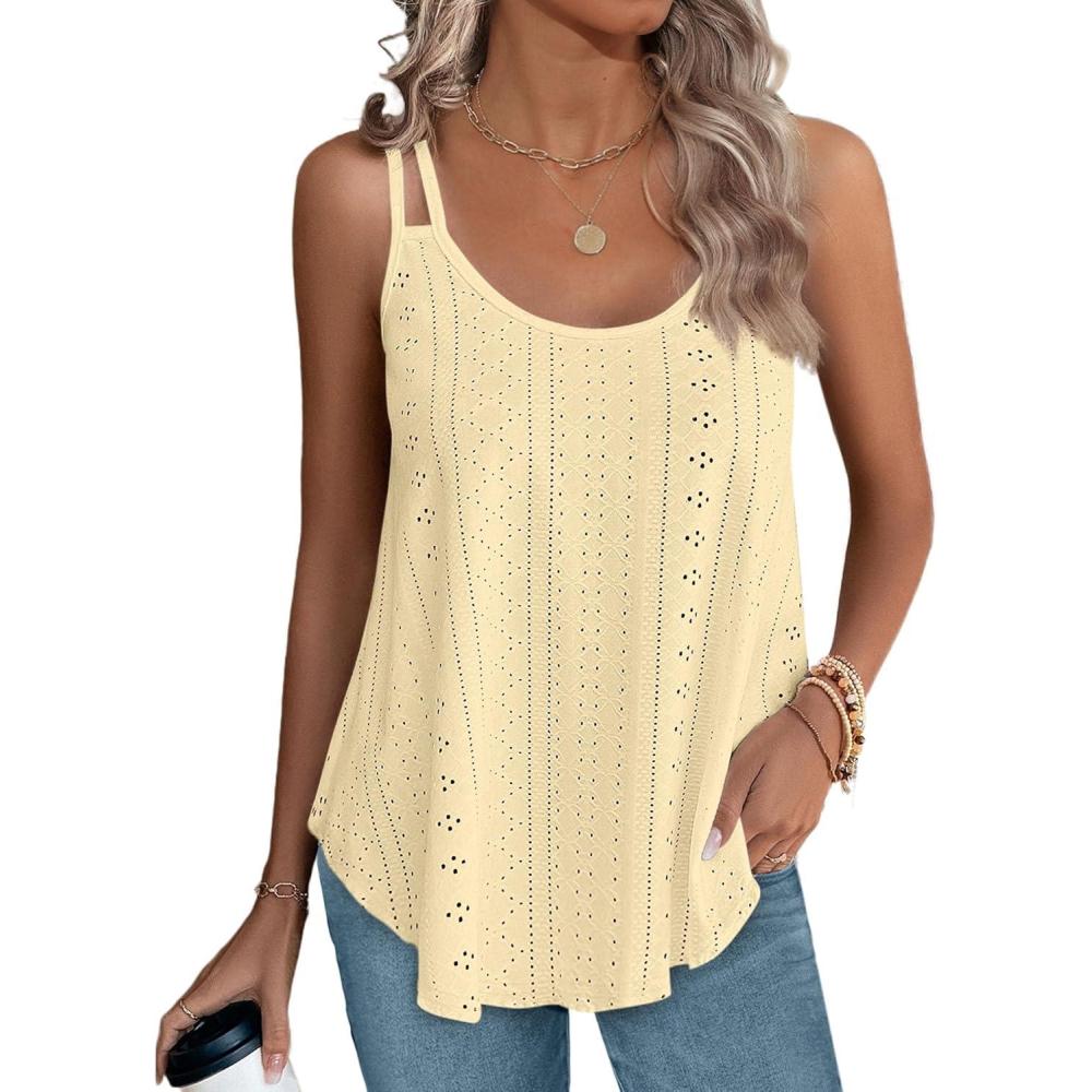 imageXIEERDUO Womens Tank Tops Spaghetti Strap Camisoles Eyelet Embroidery Scoop Neck TopsL Yellow