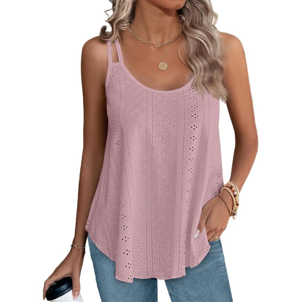imageXIEERDUO Womens Tank Tops Spaghetti Strap Camisoles Eyelet Embroidery Scoop Neck TopsM Pink