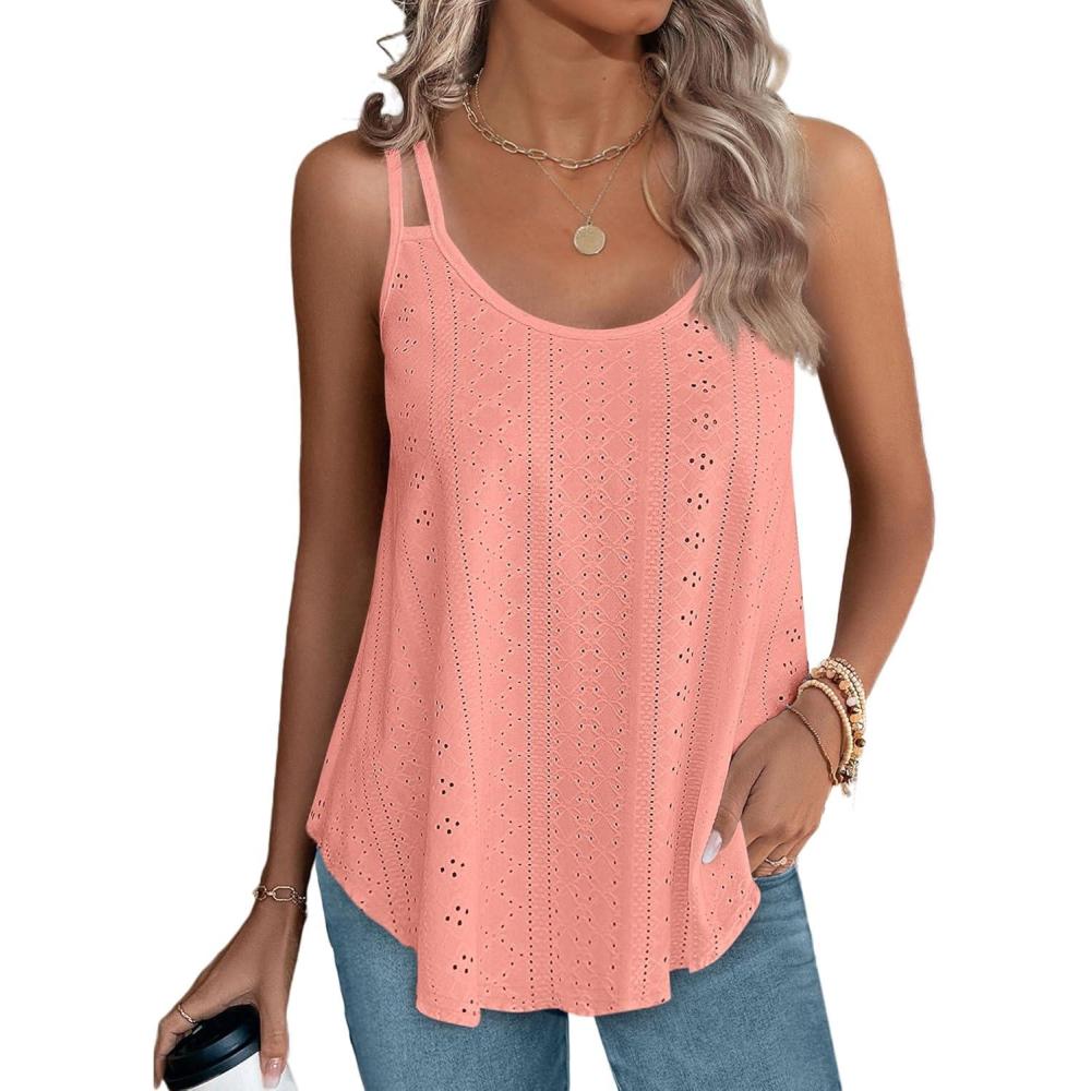 imageXIEERDUO Womens Tank Tops Spaghetti Strap Camisoles Eyelet Embroidery Scoop Neck TopsM1 Coral