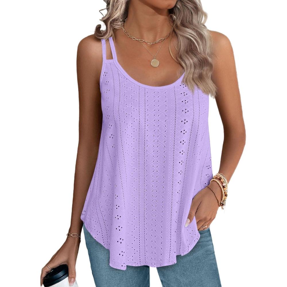 imageXIEERDUO Womens Tank Tops Spaghetti Strap Camisoles Eyelet Embroidery Scoop Neck TopsM2 Purple