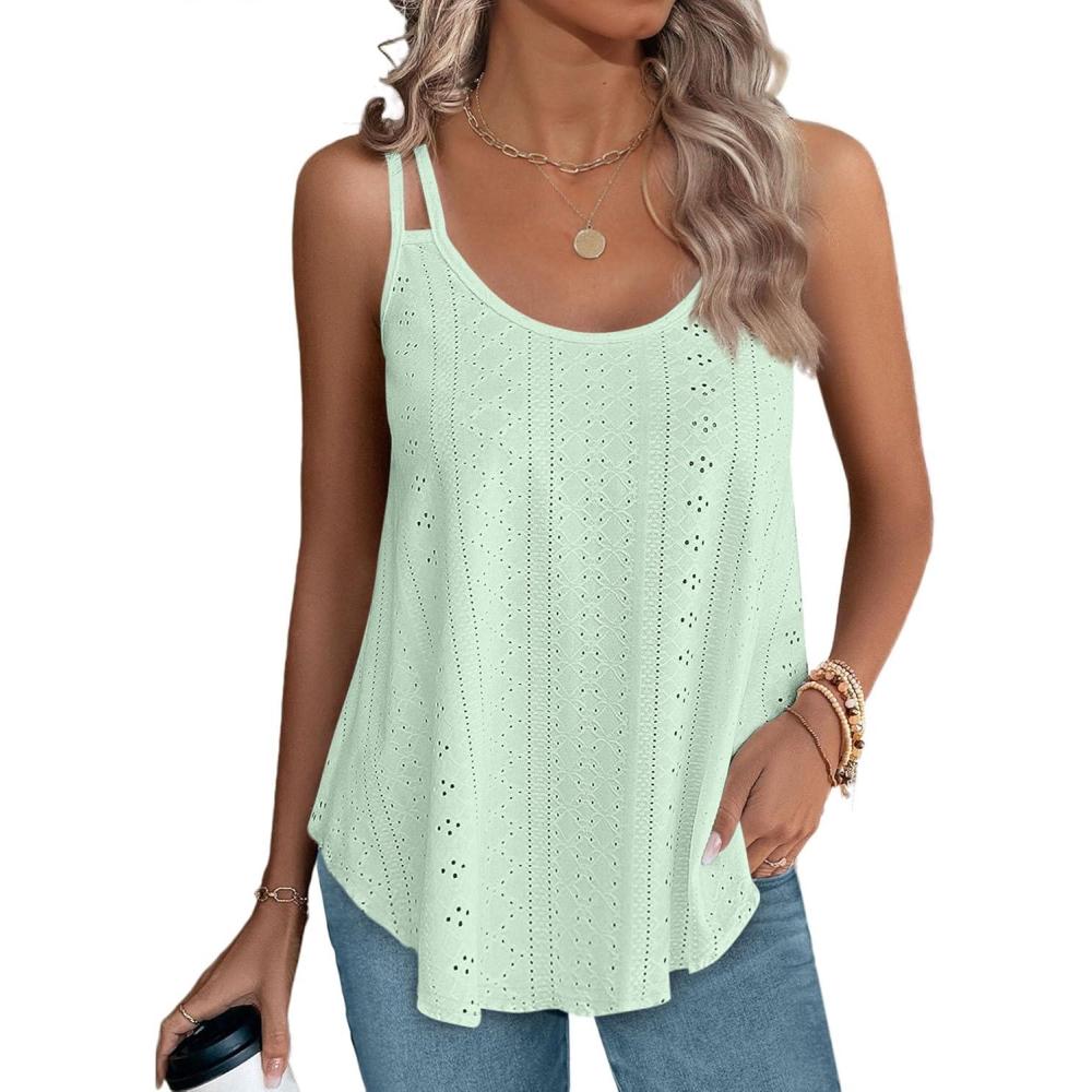 imageXIEERDUO Womens Tank Tops Spaghetti Strap Camisoles Eyelet Embroidery Scoop Neck TopsM4 Mint Green