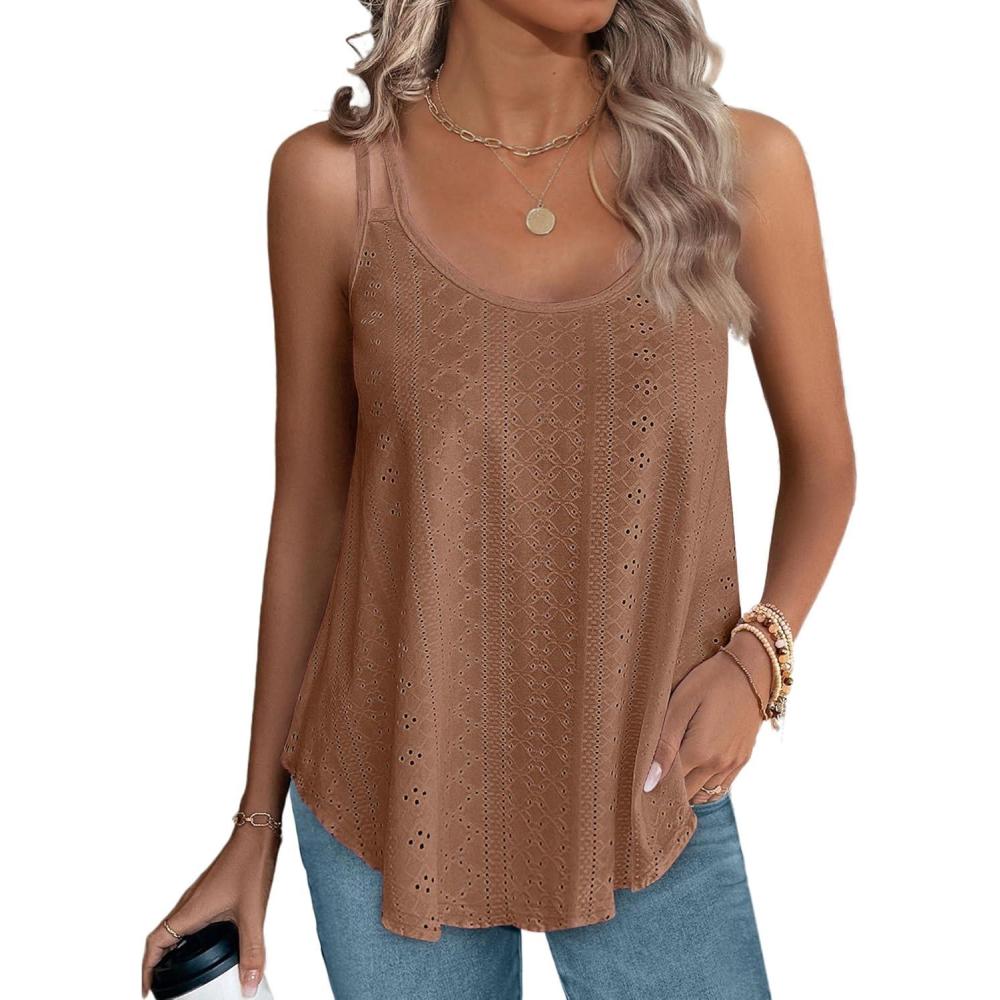 imageXIEERDUO Womens Tank Tops Spaghetti Strap Camisoles Eyelet Embroidery Scoop Neck TopsM8 Brown