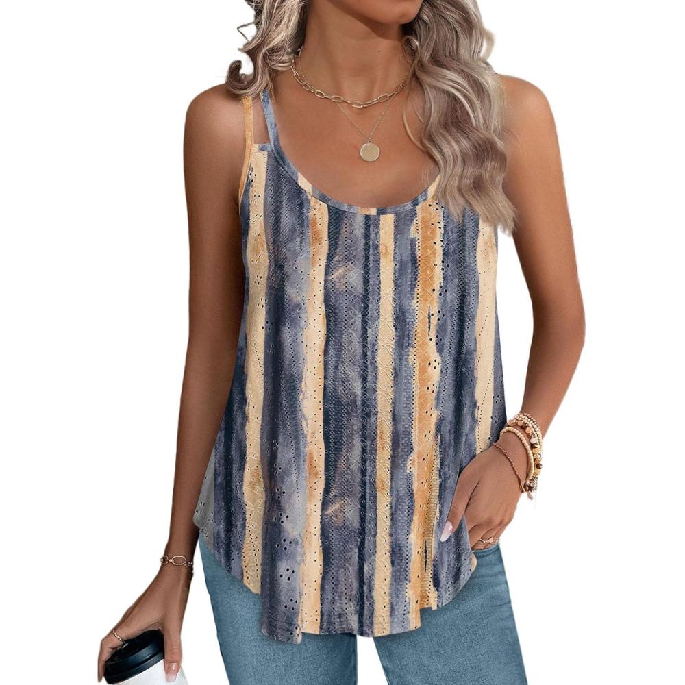 imageXIEERDUO Womens Tank Tops Spaghetti Strap Camisoles Eyelet Embroidery Scoop Neck TopsR Blue Stripe