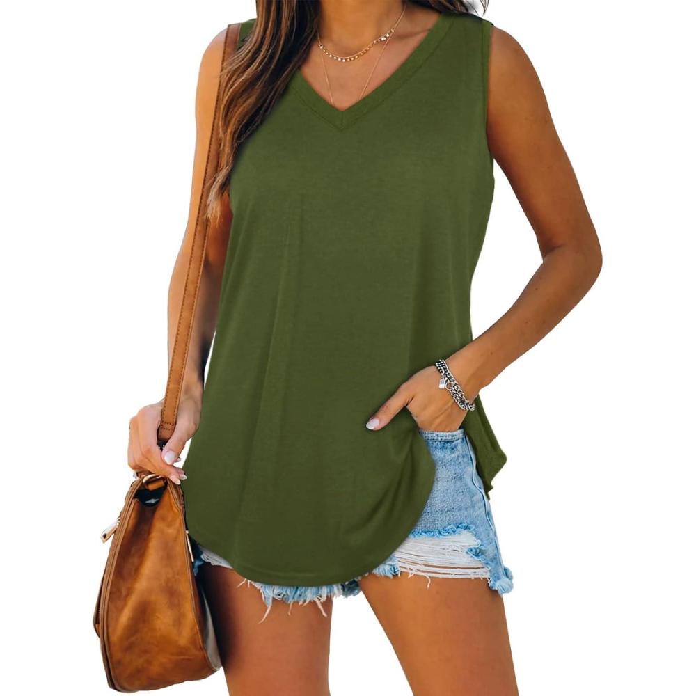 imageXIEERDUO Womens Tank Tops V Neck Basic Solid Color Casual Flowy Summer Sleeveless01army Green