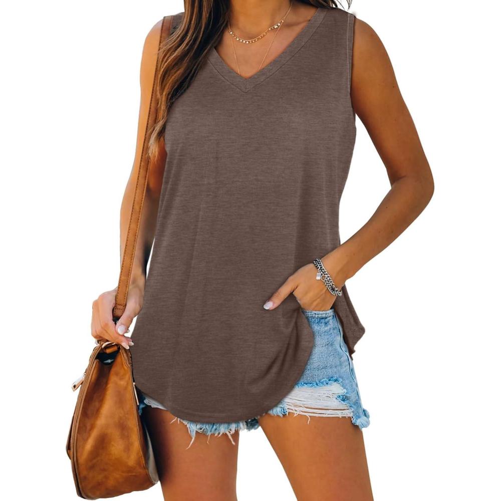 imageXIEERDUO Womens Tank Tops V Neck Basic Solid Color Casual Flowy Summer Sleeveless01coffee