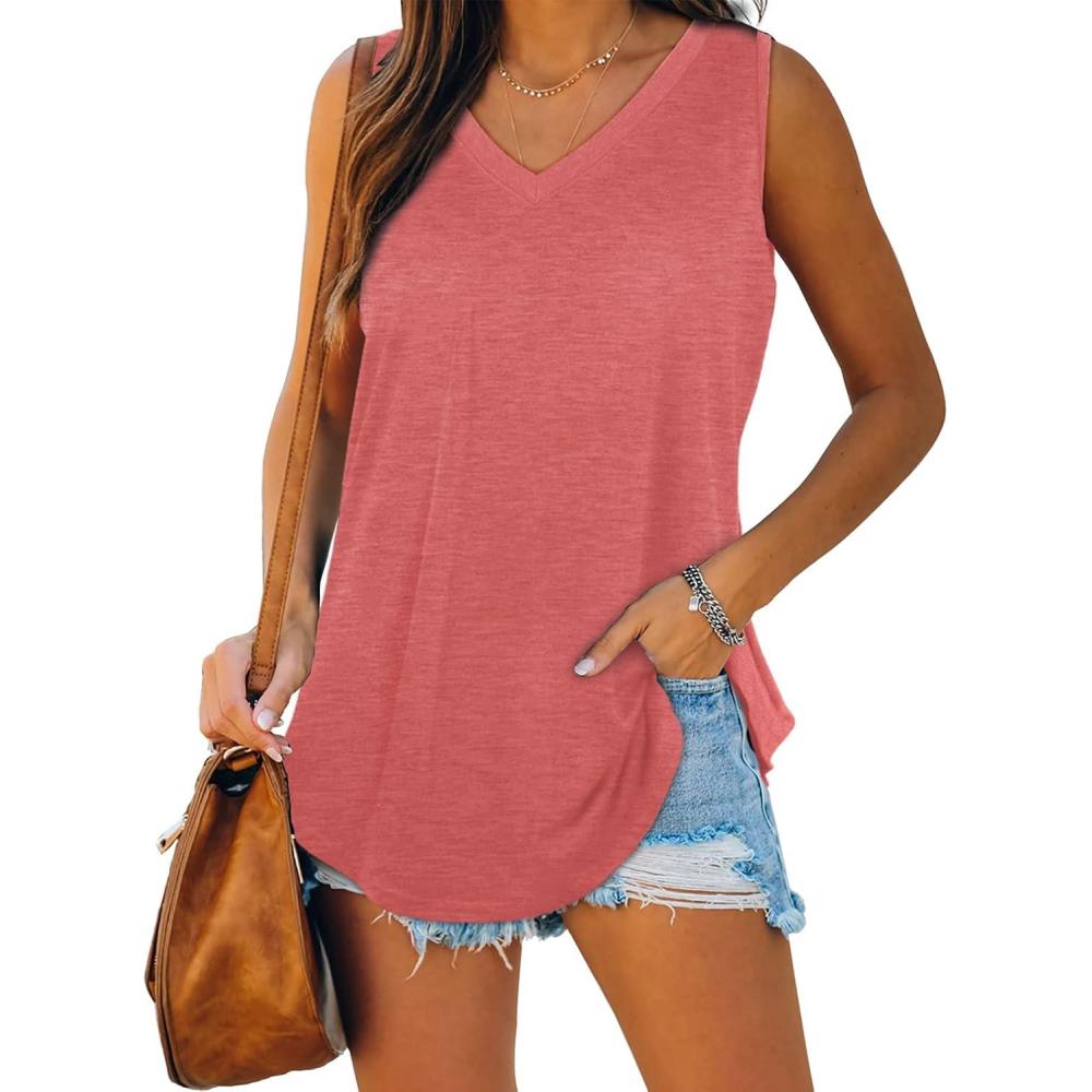 imageXIEERDUO Womens Tank Tops V Neck Basic Solid Color Casual Flowy Summer Sleeveless01coral