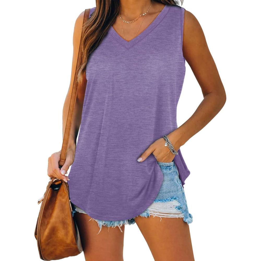 imageXIEERDUO Womens Tank Tops V Neck Basic Solid Color Casual Flowy Summer Sleeveless01grey Purple