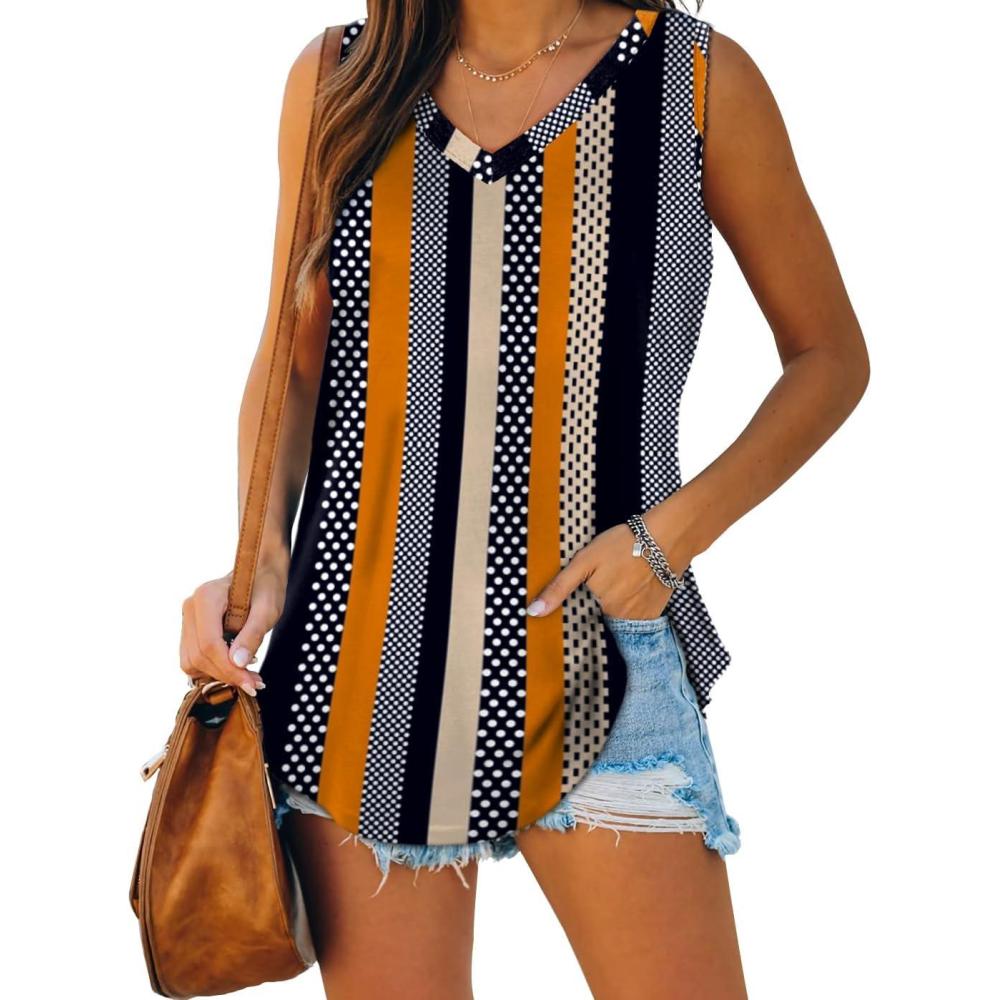 imageXIEERDUO Womens Tank Tops V Neck Basic Solid Color Casual Flowy Summer Sleeveless01khaki Stripe