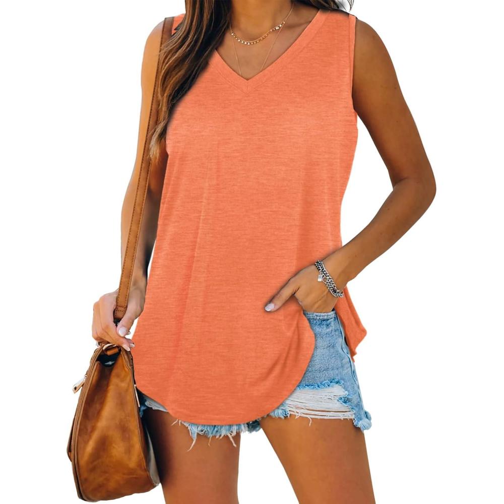 imageXIEERDUO Womens Tank Tops V Neck Basic Solid Color Casual Flowy Summer Sleeveless01orange