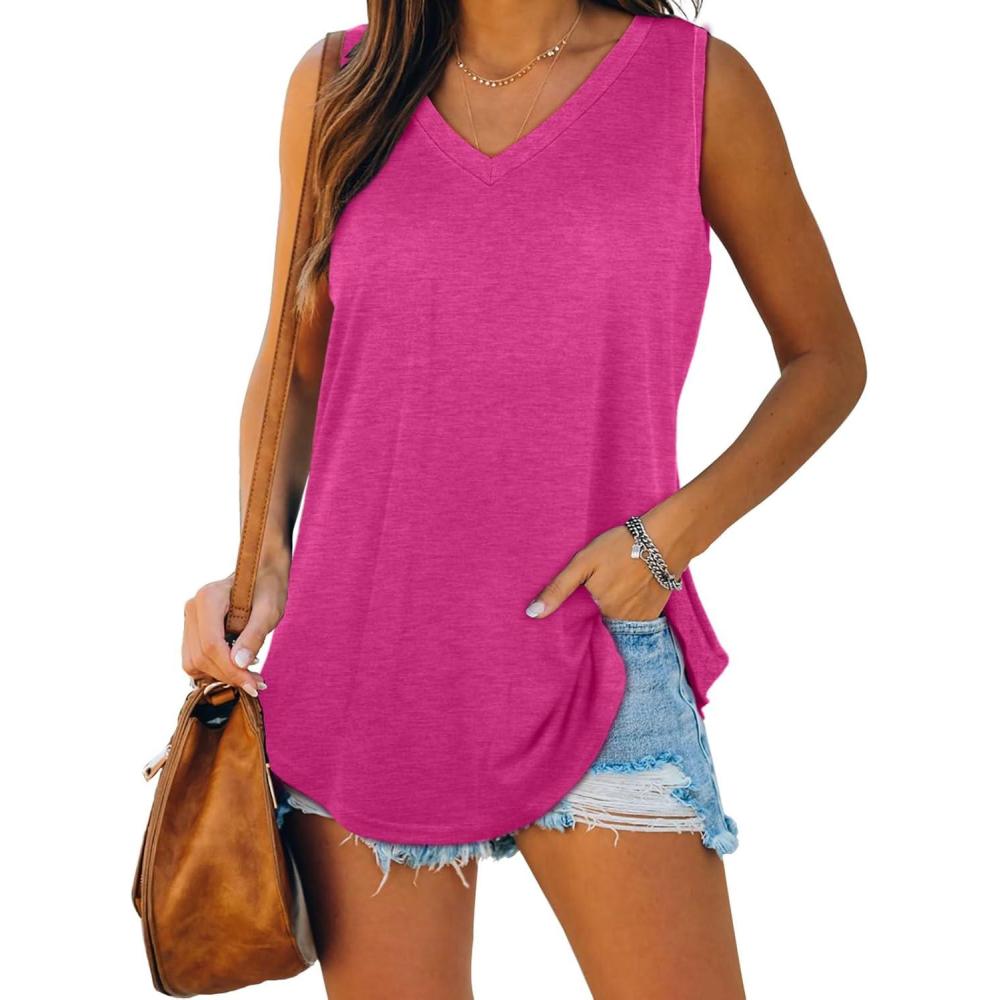 imageXIEERDUO Womens Tank Tops V Neck Basic Solid Color Casual Flowy Summer Sleeveless01wine