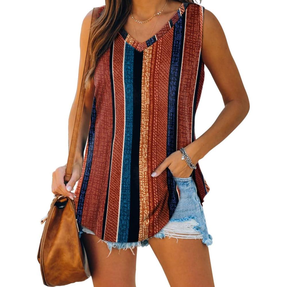 imageXIEERDUO Womens Tank Tops V Neck Basic Solid Color Casual Flowy Summer SleevelessBrown Stripe