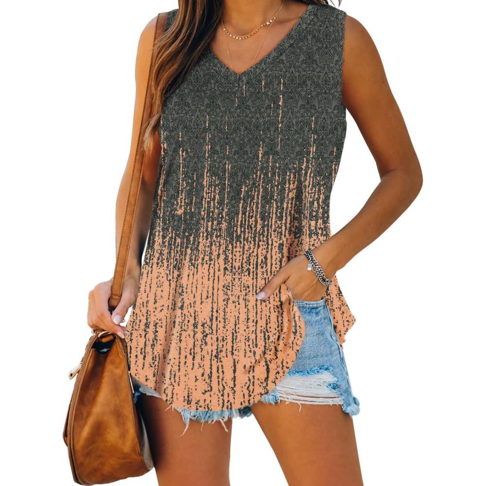 imageXIEERDUO Womens Tank Tops V Neck Basic Solid Color Casual Flowy Summer SleevelessFloral Grey Pink