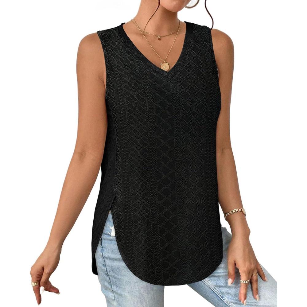 imageXIEERDUO Womens Tank Tops V Neck Eyelet Embroidery Casaul Sleeveless Shirts02black