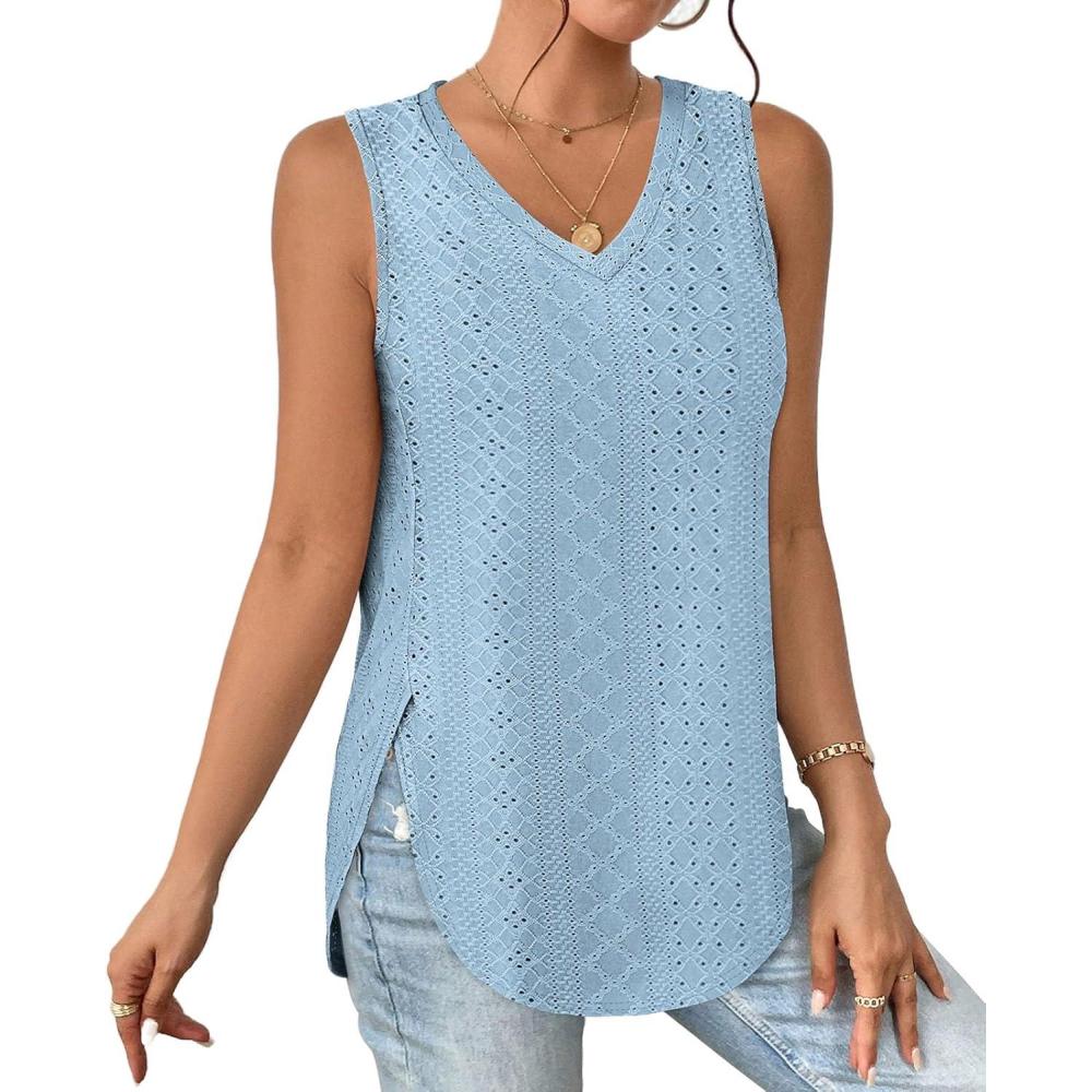 imageXIEERDUO Womens Tank Tops V Neck Eyelet Embroidery Casaul Sleeveless Shirts04blue