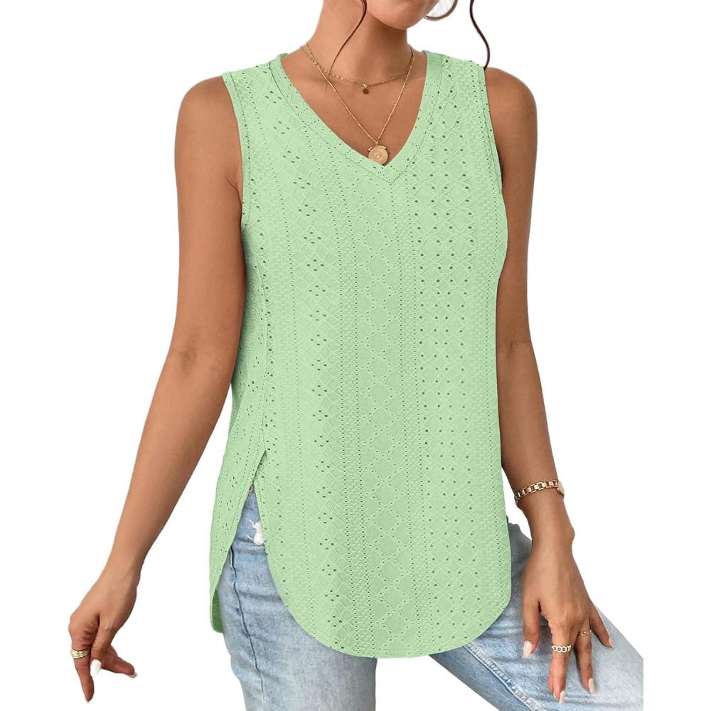 imageXIEERDUO Womens Tank Tops V Neck Eyelet Embroidery Casaul Sleeveless Shirts06lake Green