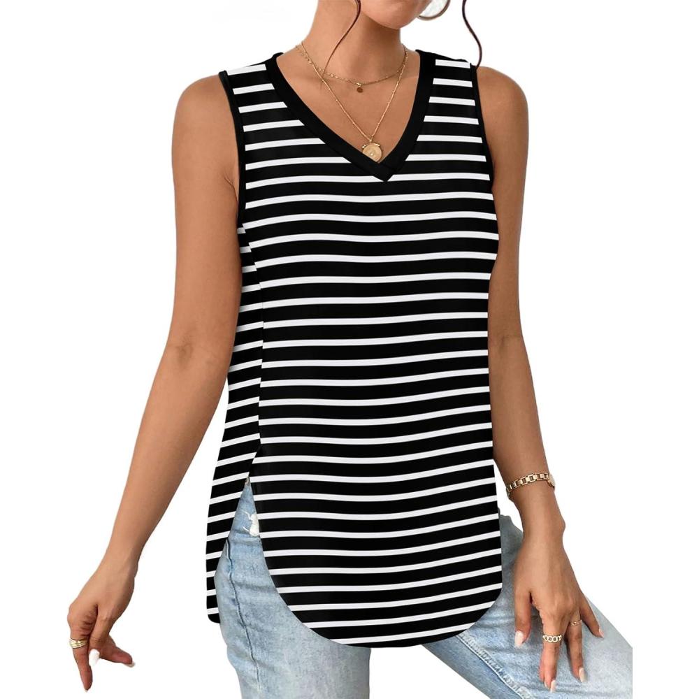 imageXIEERDUO Womens Tank Tops V Neck Eyelet Embroidery Casaul Sleeveless Shirts06white Stripe