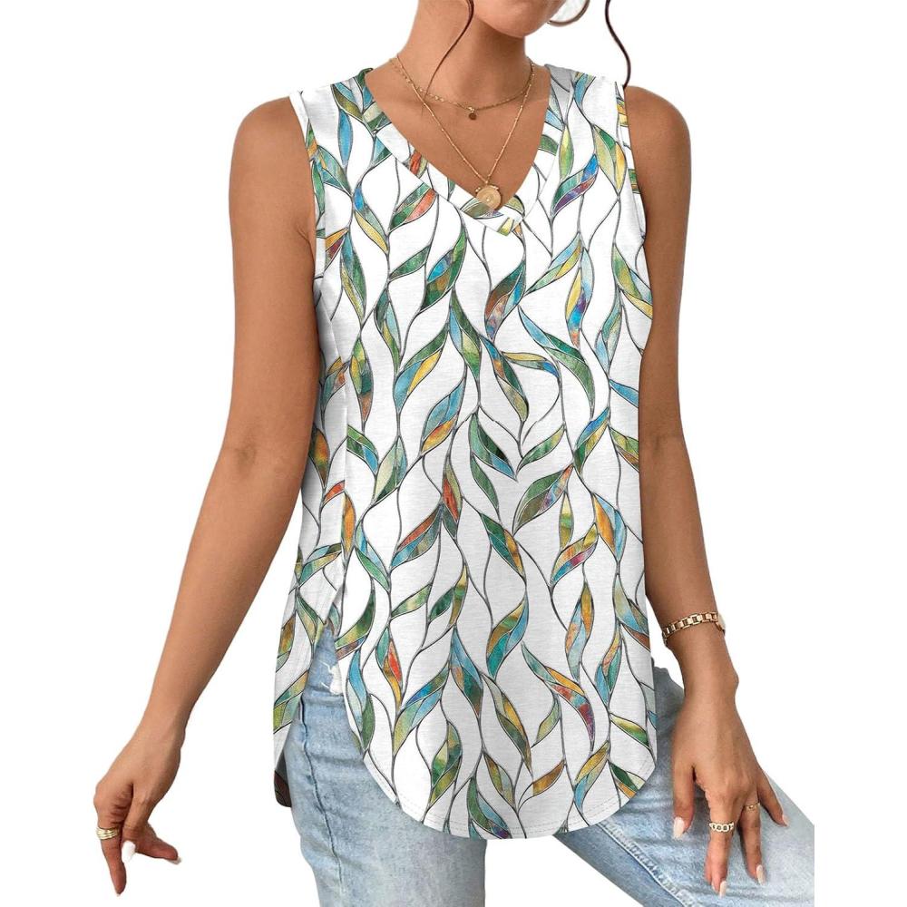 imageXIEERDUO Womens Tank Tops V Neck Eyelet Embroidery Casaul Sleeveless Shirts08colorful Leaves