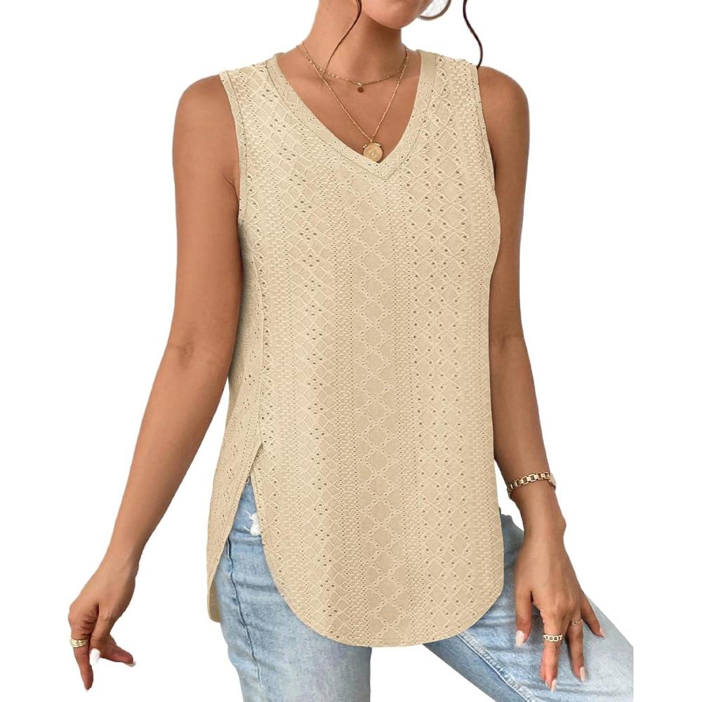 imageXIEERDUO Womens Tank Tops V Neck Eyelet Embroidery Casaul Sleeveless ShirtsApricot