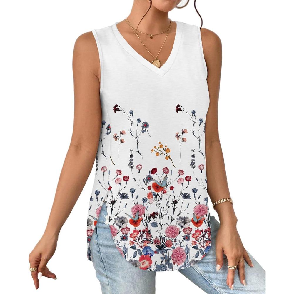 imageXIEERDUO Womens Tank Tops V Neck Eyelet Embroidery Casaul Sleeveless ShirtsFloral Multi