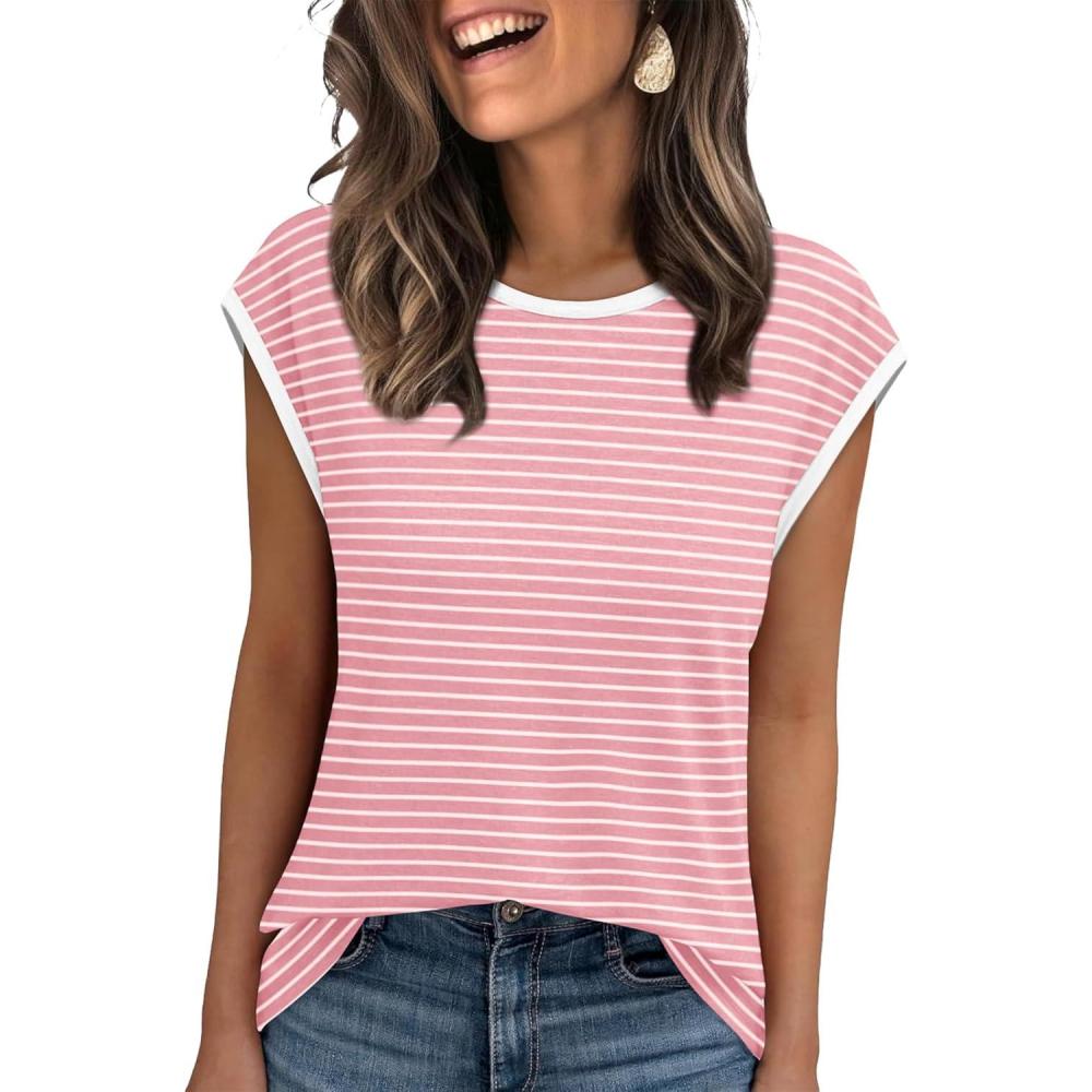 imageXIEERDUO Womens Tops Dressy Casual Summer Striped Shirts Cap Sleeve Tops Color Block Loose FitPinkwhite White