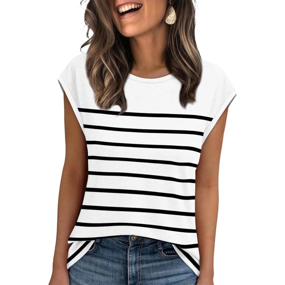 imageXIEERDUO Womens Tops Dressy Casual Summer Striped Shirts Cap Sleeve Tops Color Block Loose FitWhite Black