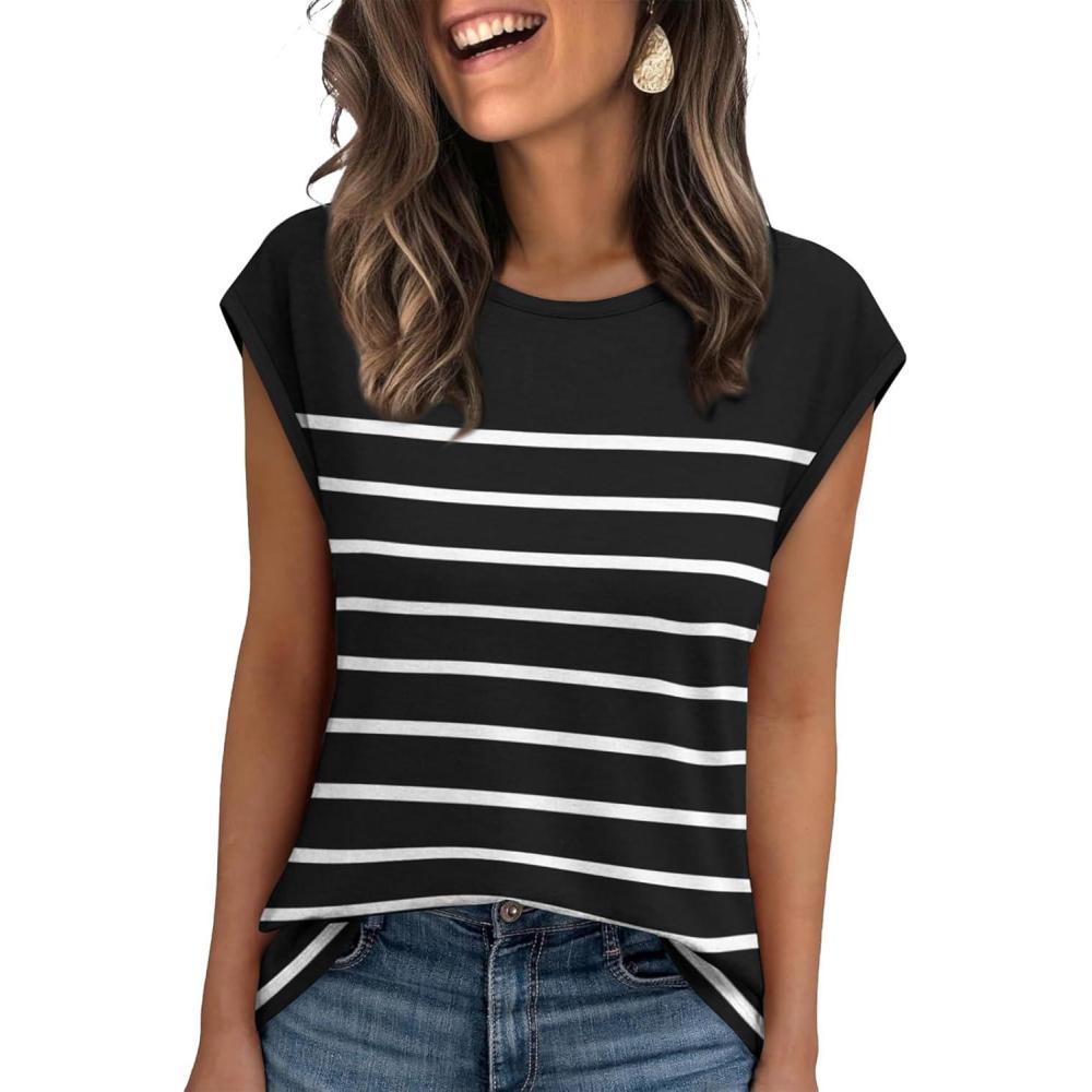 imageXIEERDUO Womens Tops Dressy Casual Summer Striped Shirts Cap Sleeve Tops Color Block Loose FitWhite Blacks