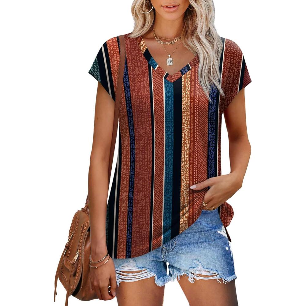 imageXIEERDUO Womens Tops V Neck Cap Sleeve Loose Fit Tee Shirts Summer Spring 2025 EyeletPrintedStriped C
