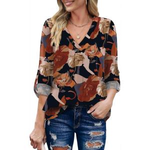 XIEERDUO 3/4 Sleeve Blouses for Women Business Casual V Neck Chiffon Shirts Tops(A-khaki Flower)