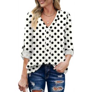 XIEERDUO 3/4 Sleeve Blouses for Women Business Casual V Neck Chiffon Shirts Tops(B-black Dot)