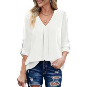 XIEERDUO 3/4 Sleeve Blouses for Women Business Casual V Neck Chiffon Shirts Tops(E-white)