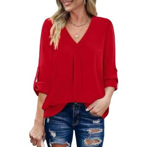 XIEERDUO 3/4 Sleeve Blouses for Women Business Casual V Neck Chiffon Shirts Tops(H-red)
